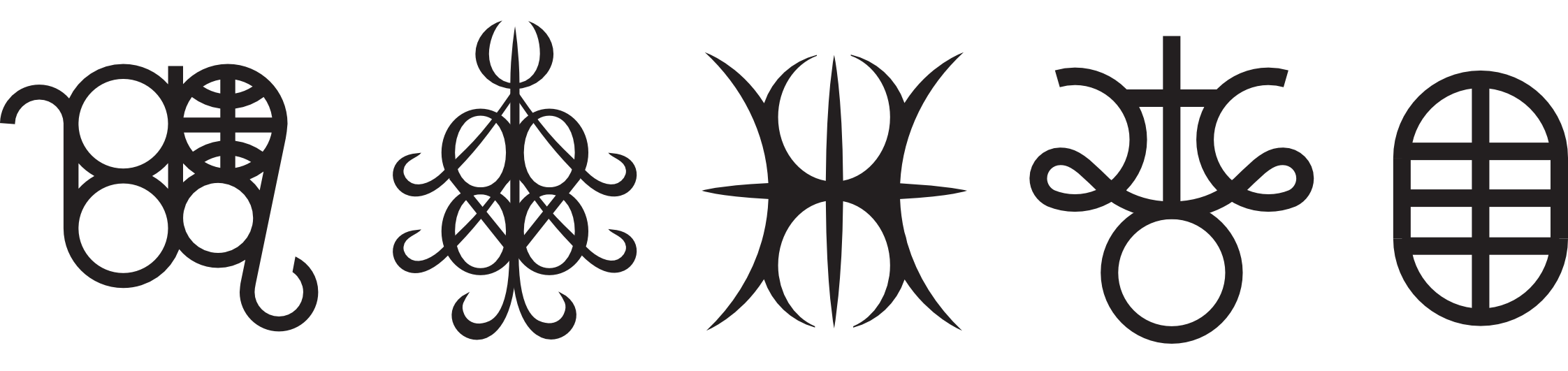Five different previously created personal signs, arranged side by side